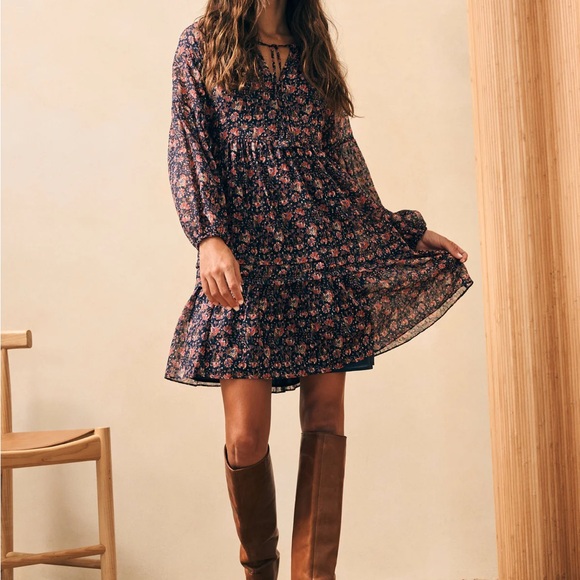 Faherty / Silk Cotton Sage Wood Floral V neck Dress Size large L - Picture 3 of 8